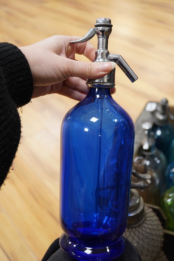 An Edwardian Standard English Seltzogenes double gourd Soda Syphon, one other and a collection of coloured glass bottles. Condition - varies